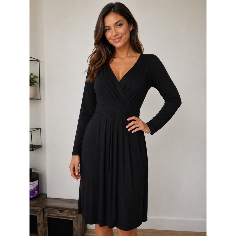 Pendleton Faux Wrap Dress Size MD Black New Long Sleeve V-Neck Pleated NWT